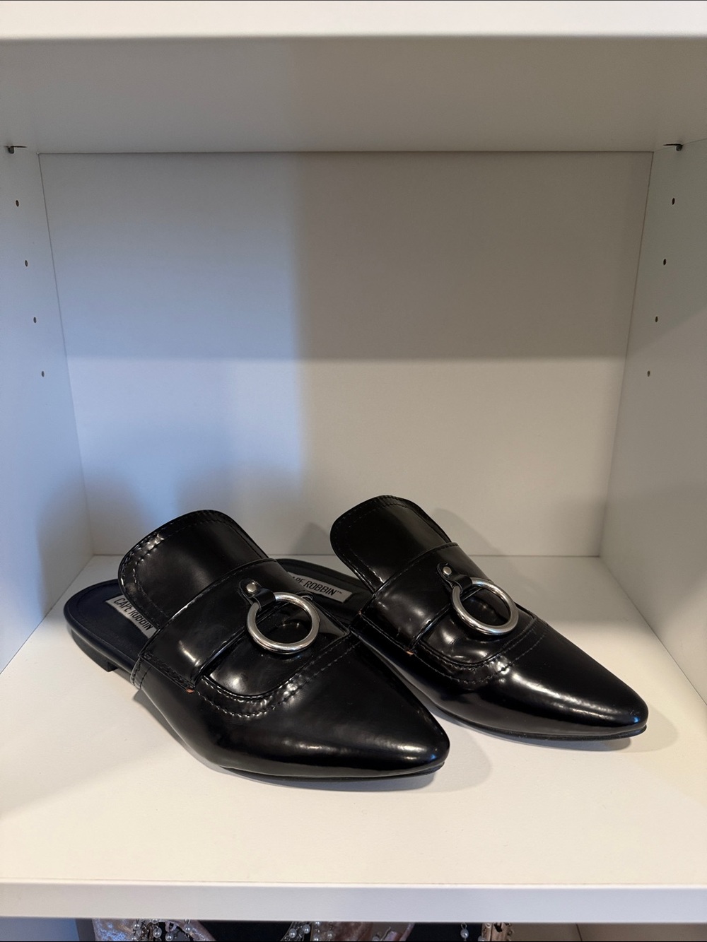 Cape Robbin Black Pointed Toe Slip-On Loafers with Silver Ring